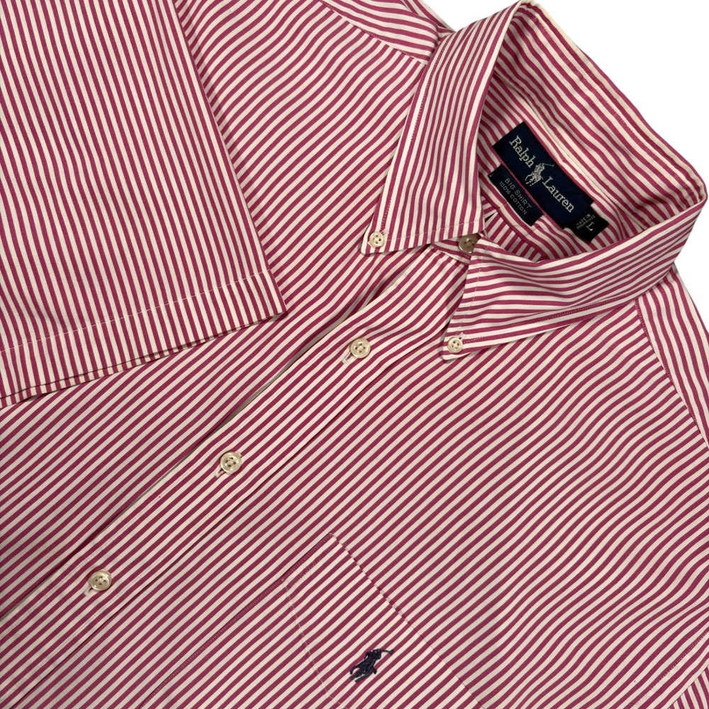 Vintage Ralph Lauren Button Down Big Shirt Mens L Pink White Striped S/S Y2K
